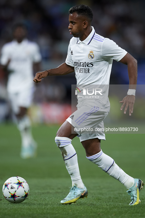 Rodrygo Goes right winger of Real Madrid and Brazil in action during the UEFA Champions League group F match between Real Madrid and RB Leip...