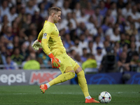 Peter Gulacsi goalkeeper of RB Leipzig and Hungary does passed during the UEFA Champions League group F match between Real Madrid and RB Lei...