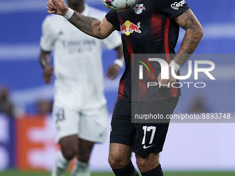 Dominik Szoboszlai attacking midfield of RB Leipzig and Hungary controls the ball during the UEFA Champions League group F match between Rea...