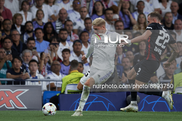 Federico Valverde central midfield of Real Madrid and Uruguay shooting to goal during the UEFA Champions League group F match between Real M...