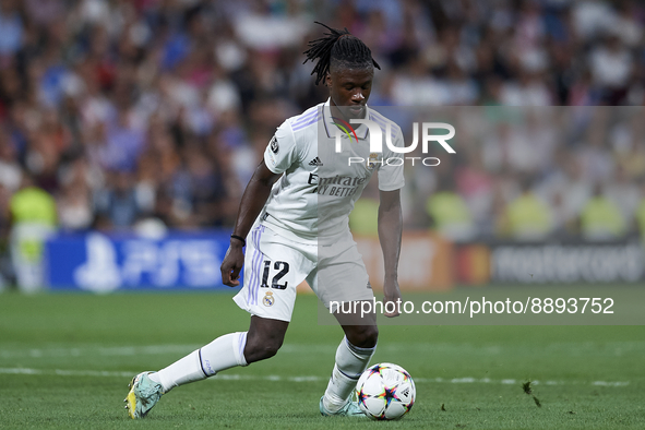 Eduardo Camavinga central midfield of Real Madrid and France in action during the UEFA Champions League group F match between Real Madrid an...