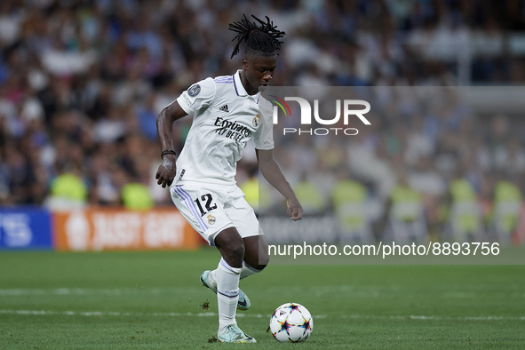 Eduardo Camavinga central midfield of Real Madrid and France in action during the UEFA Champions League group F match between Real Madrid an...