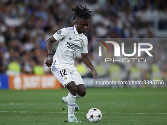 Eduardo Camavinga central midfield of Real Madrid and France in action during the UEFA Champions League group F match between Real Madrid an...