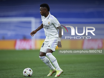 Vinicius Junior left winger of Real Madrid and Brazil in action during the UEFA Champions League group F match between Real Madrid and RB Le...