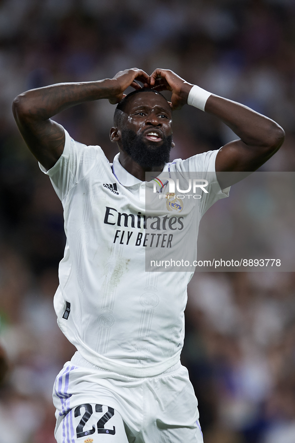 Antonio Rudiger centre-back of Real Madrid and Germany lament a failed occasion during the UEFA Champions League group F match between Real...