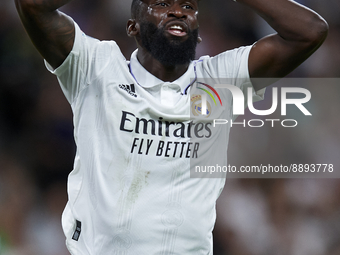 Antonio Rudiger centre-back of Real Madrid and Germany lament a failed occasion during the UEFA Champions League group F match between Real...