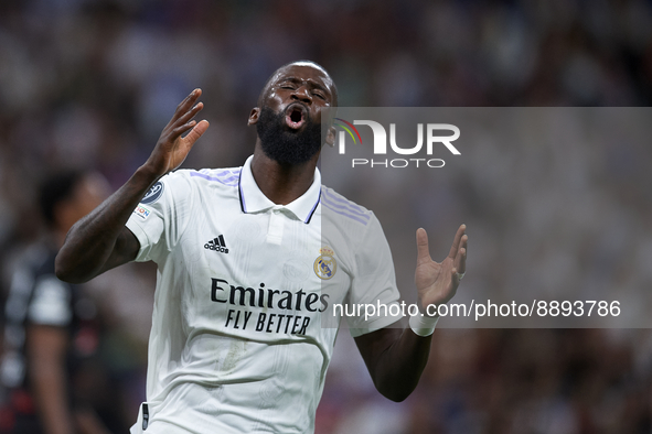 Antonio Rudiger centre-back of Real Madrid and Germany lament a failed occasion during the UEFA Champions League group F match between Real...