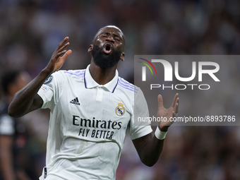 Antonio Rudiger centre-back of Real Madrid and Germany lament a failed occasion during the UEFA Champions League group F match between Real...