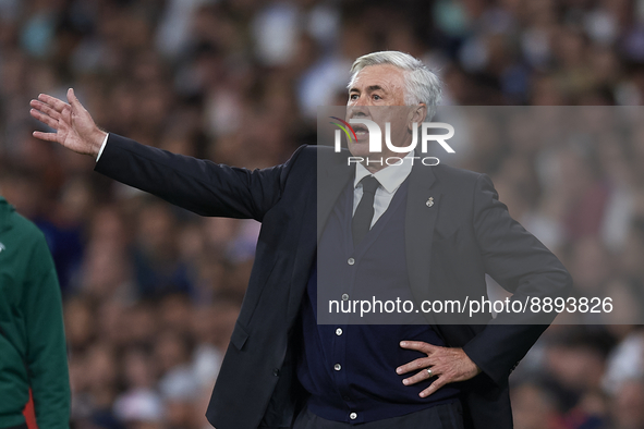 Carlo Ancelotti head coach of Real Madrid gives instructions during the UEFA Champions League group F match between Real Madrid and RB Leipz...