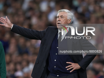 Carlo Ancelotti head coach of Real Madrid gives instructions during the UEFA Champions League group F match between Real Madrid and RB Leipz...