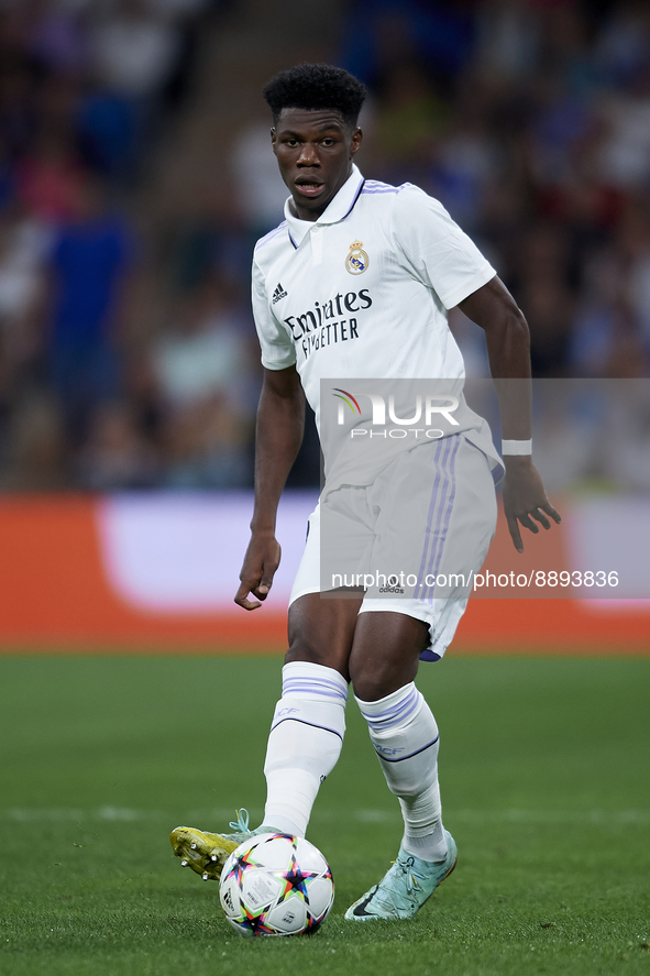 Aurelien Tchouameni defensive midfield of Real Madrid and France does passed during the UEFA Champions League group F match between Real Mad...