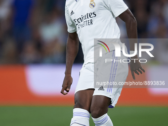 Aurelien Tchouameni defensive midfield of Real Madrid and France does passed during the UEFA Champions League group F match between Real Mad...