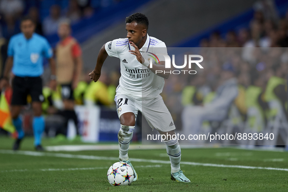 Rodrygo Goes right winger of Real Madrid and Brazil runs with the ball during the UEFA Champions League group F match between Real Madrid an...