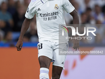 Aurelien Tchouameni defensive midfield of Real Madrid and France does passed during the UEFA Champions League group F match between Real Mad...