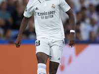 Aurelien Tchouameni defensive midfield of Real Madrid and France does passed during the UEFA Champions League group F match between Real Mad...