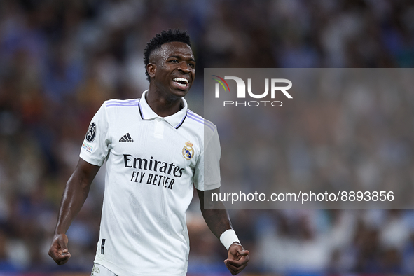 Vinicius Junior left winger of Real Madrid and Brazil reacts during the UEFA Champions League group F match between Real Madrid and RB Leipz...