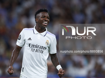 Vinicius Junior left winger of Real Madrid and Brazil reacts during the UEFA Champions League group F match between Real Madrid and RB Leipz...