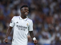 Vinicius Junior left winger of Real Madrid and Brazil reacts during the UEFA Champions League group F match between Real Madrid and RB Leipz...