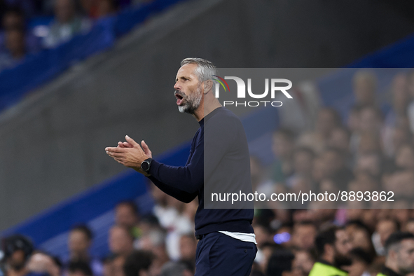 Marco Rose head coach of RB Leipzig gives instructions during the UEFA Champions League group F match between Real Madrid and RB Leipzig at...