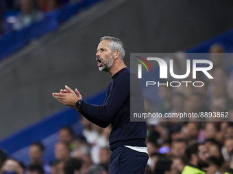 Marco Rose head coach of RB Leipzig gives instructions during the UEFA Champions League group F match between Real Madrid and RB Leipzig at...