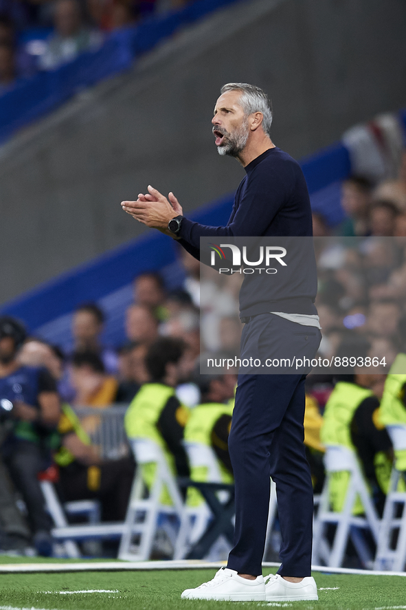 Marco Rose head coach of RB Leipzig gives instructions during the UEFA Champions League group F match between Real Madrid and RB Leipzig at...