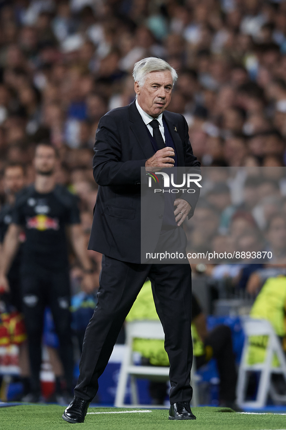 Carlo Ancelotti head coach of Real Madrid during the UEFA Champions League group F match between Real Madrid and RB Leipzig at Estadio Santi...