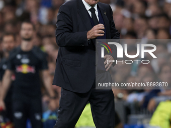 Carlo Ancelotti head coach of Real Madrid during the UEFA Champions League group F match between Real Madrid and RB Leipzig at Estadio Santi...