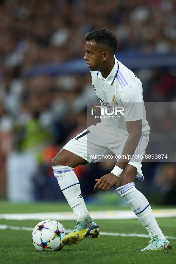 Rodrygo Goes right winger of Real Madrid and Brazil in action during the UEFA Champions League group F match between Real Madrid and RB Leip...