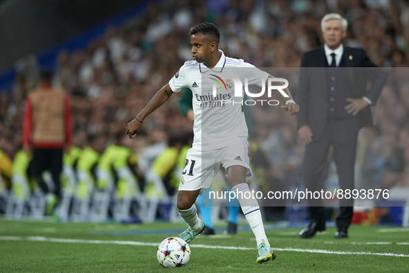 Rodrygo Goes right winger of Real Madrid and Brazil in action during the UEFA Champions League group F match between Real Madrid and RB Leip...