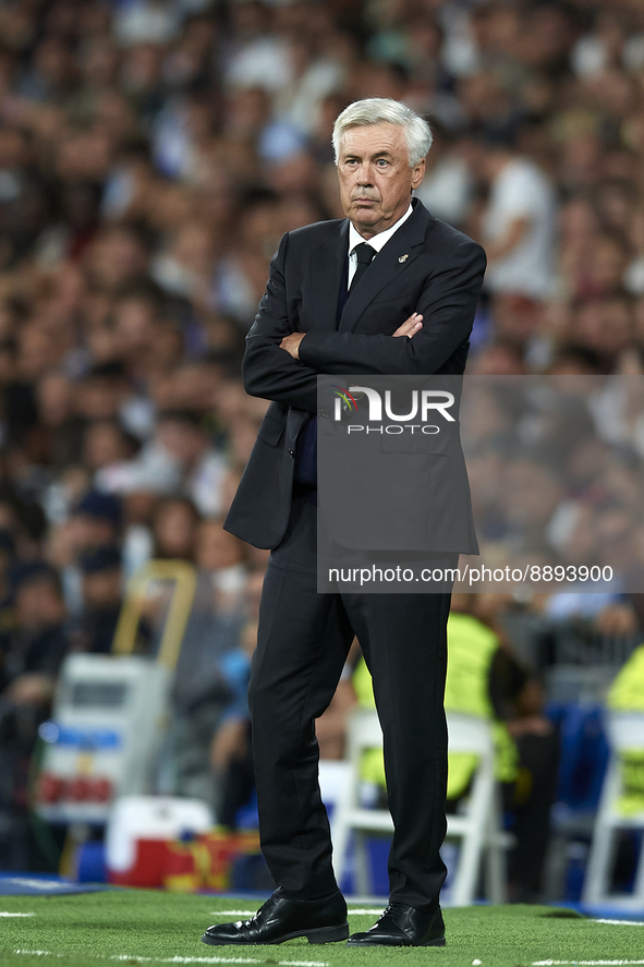 Carlo Ancelotti head coach of Real Madrid during the UEFA Champions League group F match between Real Madrid and RB Leipzig at Estadio Santi...