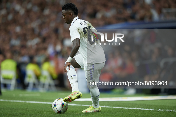 Vinicius Junior left winger of Real Madrid and Brazil during the UEFA Champions League group F match between Real Madrid and RB Leipzig at E...