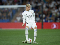 Federico Valverde central midfield of Real Madrid and Uruguay does passed during the UEFA Champions League group F match between Real Madrid...