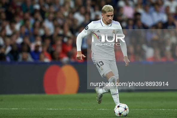 Federico Valverde central midfield of Real Madrid and Uruguay in action during the UEFA Champions League group F match between Real Madrid a...