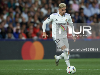 Federico Valverde central midfield of Real Madrid and Uruguay in action during the UEFA Champions League group F match between Real Madrid a...