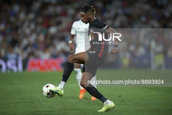 Mohamed Simakan centre-back of RB Leipzig and France during the UEFA Champions League group F match between Real Madrid and RB Leipzig at Es...