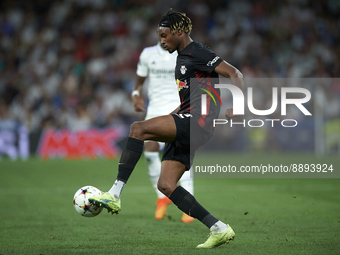 Mohamed Simakan centre-back of RB Leipzig and France during the UEFA Champions League group F match between Real Madrid and RB Leipzig at Es...