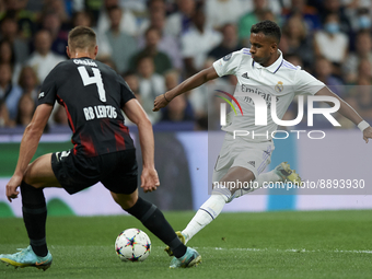 Rodrygo Goes right winger of Real Madrid and Brazil during the UEFA Champions League group F match between Real Madrid and RB Leipzig at Est...