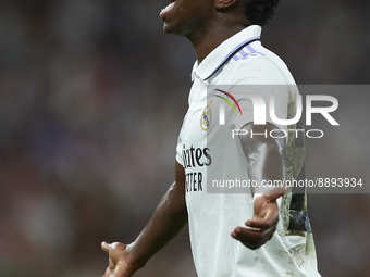 Vinicius Junior left winger of Real Madrid and Brazil reacts during the UEFA Champions League group F match between Real Madrid and RB Leipz...