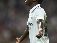 Vinicius Junior left winger of Real Madrid and Brazil reacts during the UEFA Champions League group F match between Real Madrid and RB Leipz...