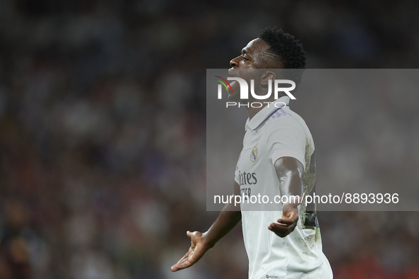 Vinicius Junior left winger of Real Madrid and Brazil reacts during the UEFA Champions League group F match between Real Madrid and RB Leipz...