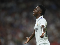 Vinicius Junior left winger of Real Madrid and Brazil reacts during the UEFA Champions League group F match between Real Madrid and RB Leipz...