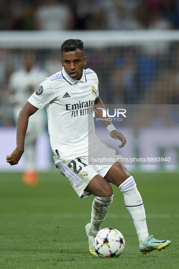 Rodrygo Goes right winger of Real Madrid and Brazil in action during the UEFA Champions League group F match between Real Madrid and RB Leip...