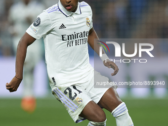 Rodrygo Goes right winger of Real Madrid and Brazil in action during the UEFA Champions League group F match between Real Madrid and RB Leip...