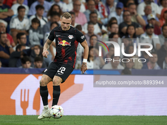 David Raum left-back of RB Leipzig and Germany controls the ball during the UEFA Champions League group F match between Real Madrid and RB L...