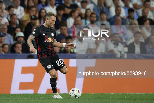 David Raum left-back of RB Leipzig and Germany controls the ball during the UEFA Champions League group F match between Real Madrid and RB L...