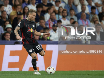 David Raum left-back of RB Leipzig and Germany controls the ball during the UEFA Champions League group F match between Real Madrid and RB L...