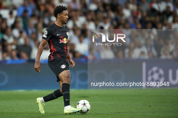 Abdou Diallo centre-back of RB Leipzig and Senegal controls the ball during the UEFA Champions League group F match between Real Madrid and...