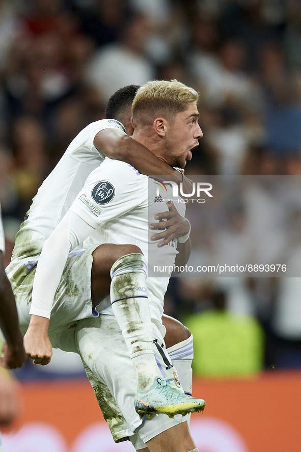 Federico Valverde central midfield of Real Madrid and Uruguay celebrates after scoring his sides first goal during the UEFA Champions League...