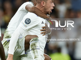 Federico Valverde central midfield of Real Madrid and Uruguay celebrates after scoring his sides first goal during the UEFA Champions League...