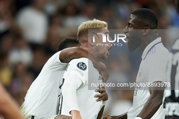 Federico Valverde central midfield of Real Madrid and Uruguay celebrates after scoring his sides first goal during the UEFA Champions League...